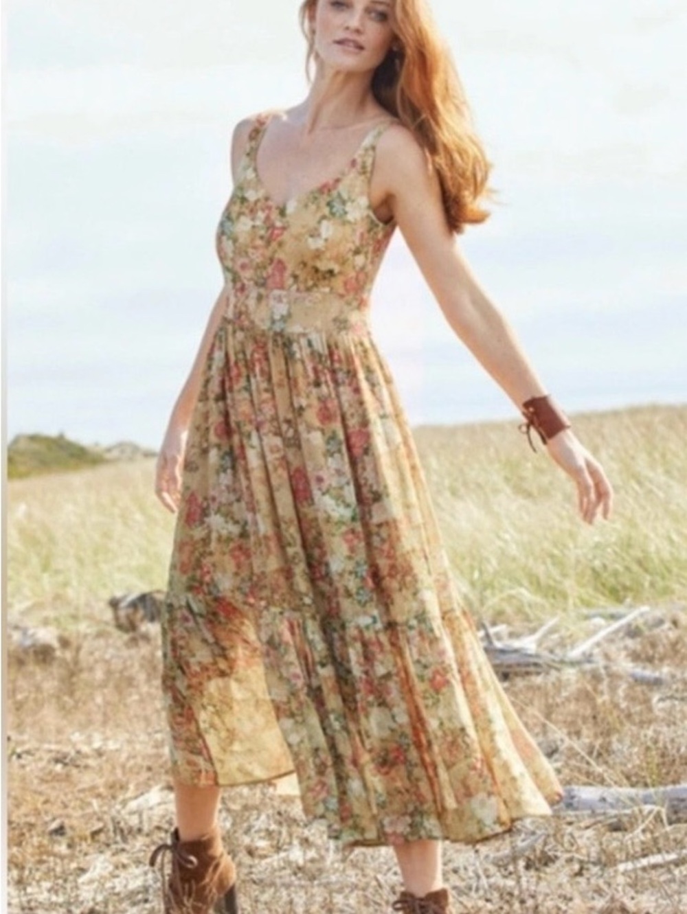 Peruvian Connection Beige Floral Midi Dress with Coral Accents
